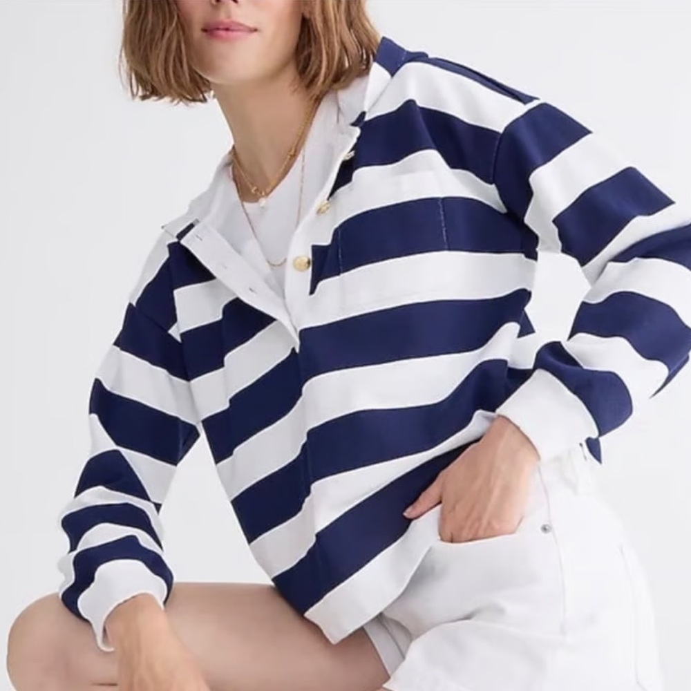 J. Crew Navy and White Striped Henley Sweatshirt